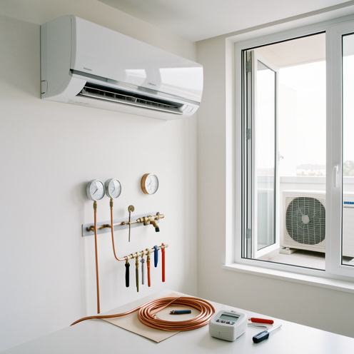 Un climatiseur mural moderne en cours de mise en service, entouré d’outils, de manomètres, de tubes en cuivre et d’un thermomètre dans un intérieur contemporain.