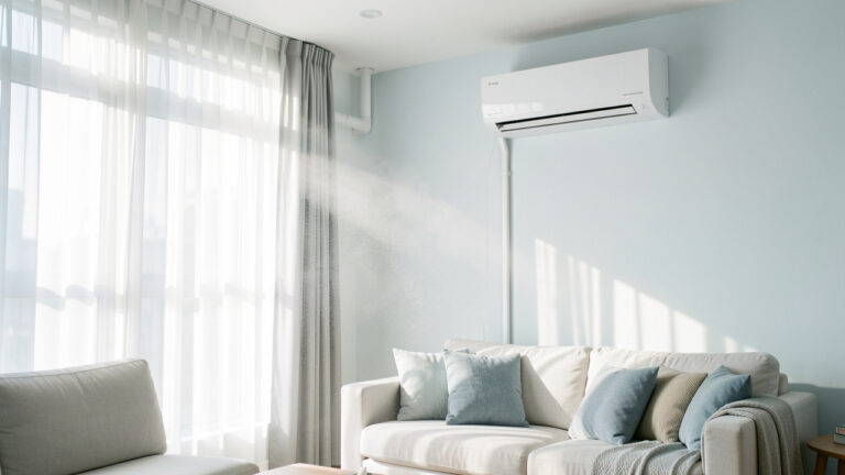 Climatiseur mural moderne réduisant doucement l’humidité dans un salon lumineux et confortable, avec une circulation d’air frais.