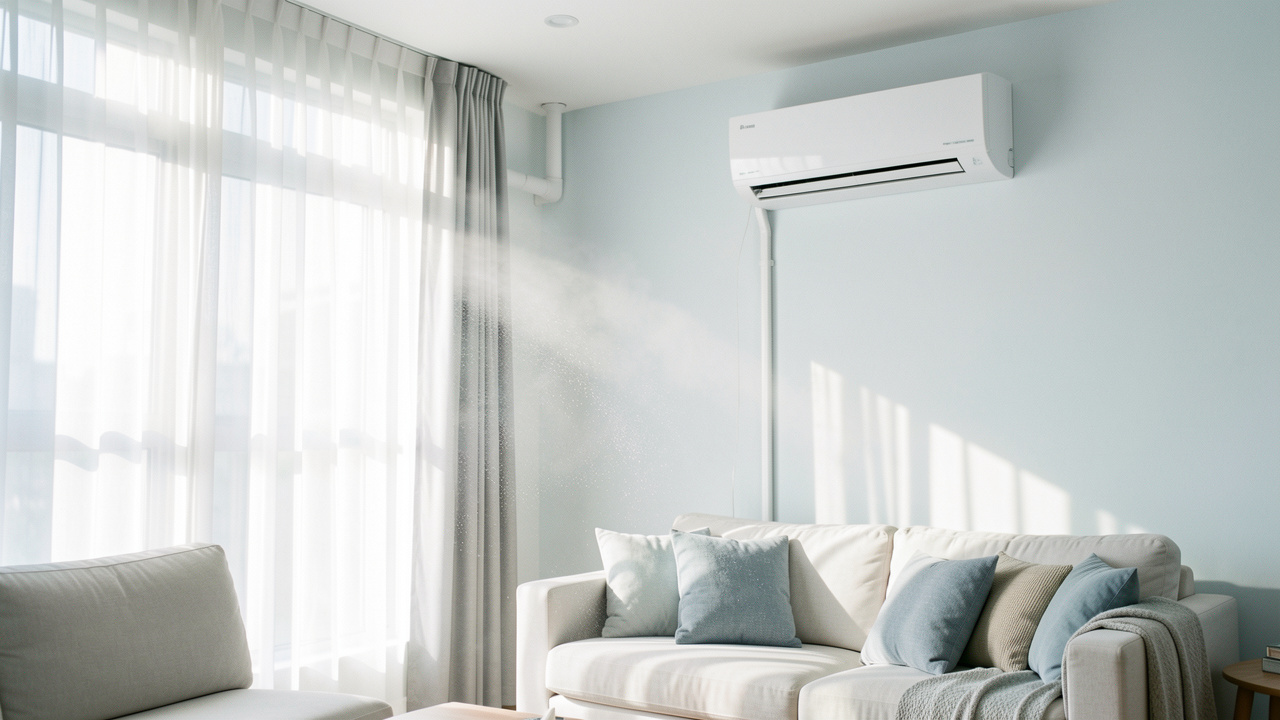 Climatiseur mural moderne réduisant doucement l’humidité dans un salon lumineux et confortable, avec une circulation d’air frais.