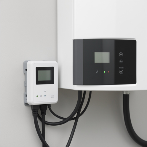 Module de commande sans fil pour chauffage domestique présenté avec une interface de chaudière et des câbles de raccordement dans un espace technique sobre.