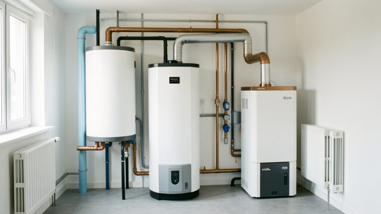 Vue réaliste d’un local technique résidentiel présentant côte à côte une pompe à chaleur air-eau et une chaudière gaz à condensation reliées au système de chauffage.