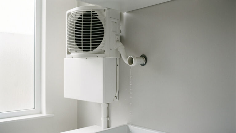 Détail réaliste d’une climatisation avec un tuyau d’évacuation des condensats légèrement incliné, laissant s’écouler des gouttelettes d’eau.