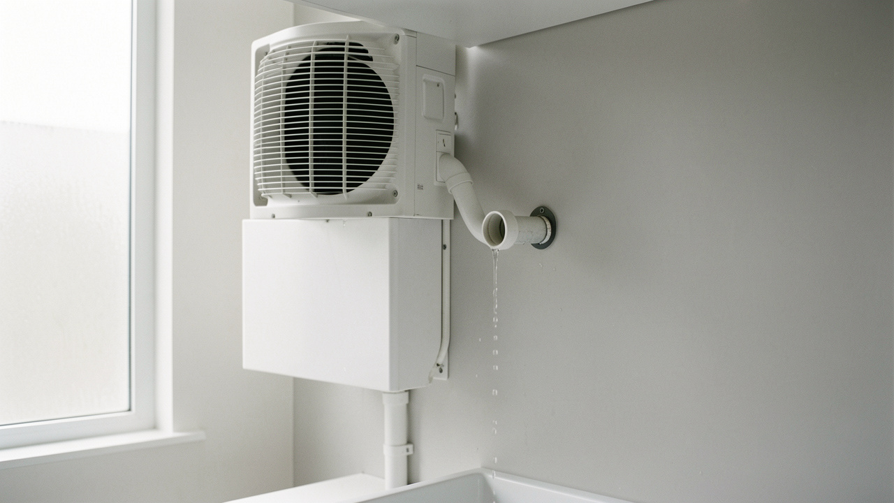 Détail réaliste d’une climatisation avec un tuyau d’évacuation des condensats légèrement incliné, laissant s’écouler des gouttelettes d’eau.