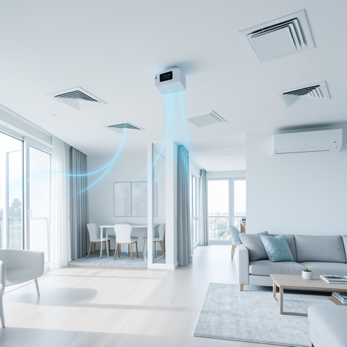 Système de climatisation zonée piloté sans fil dans un intérieur moderne, avec un contrôleur connecté et plusieurs bouches d’aération.