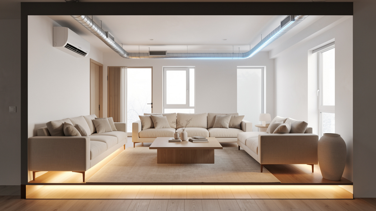 Salon moderne et épuré illustrant un plancher chauffant et une climatisation gainable pour un confort thermique discret en toute saison.