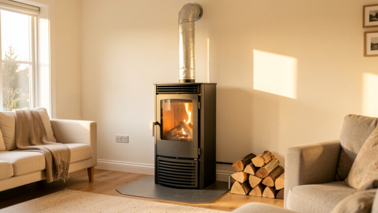 Poêle à bois moderne correctement installé dans un intérieur lumineux, avec conduit de cheminée isolé, protection du sol et bois rangé à proximité.