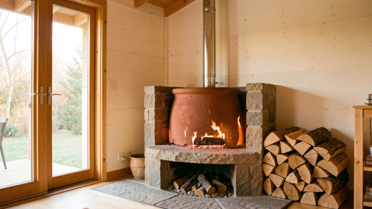 Poêle de masse en pierre et céramique installé dans une maison lumineuse, avec son conduit, sa base ignifugée et un premier feu diffusant une chaleur douce.