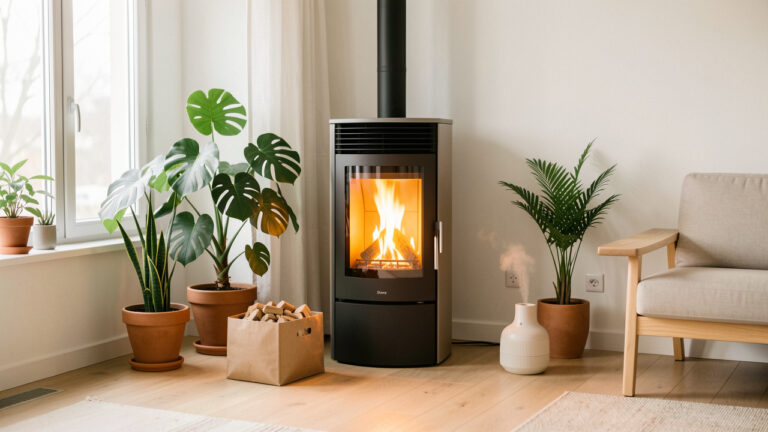 Poêle à granulés moderne dans un salon lumineux et bien ventilé, avec des plantes vertes et un humidificateur favorisant un air intérieur équilibré.