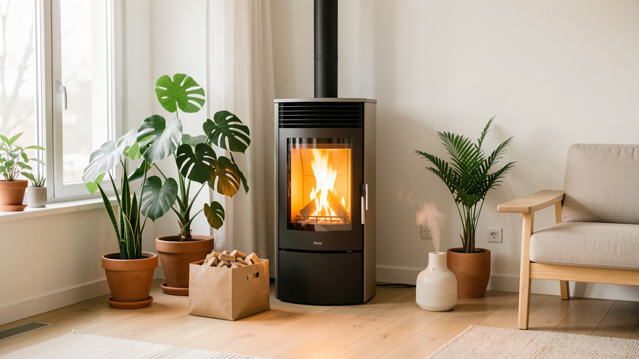 Poêle à granulés moderne dans un salon lumineux et bien ventilé, avec des plantes vertes et un humidificateur favorisant un air intérieur équilibré.