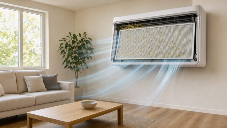 Intérieur lumineux avec une pompe à chaleur air-air propre, son filtre visible captant délicatement des particules de pollen.