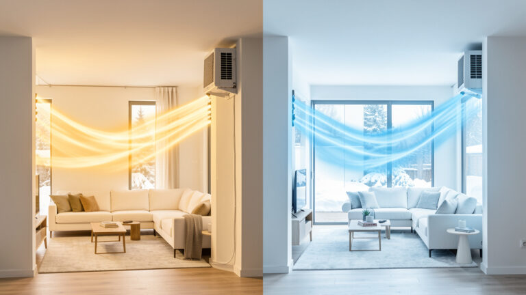 Maison moderne équipée d’une pompe à chaleur air-air, illustrant un chauffage chaleureux en hiver et une climatisation rafraîchissante en été.