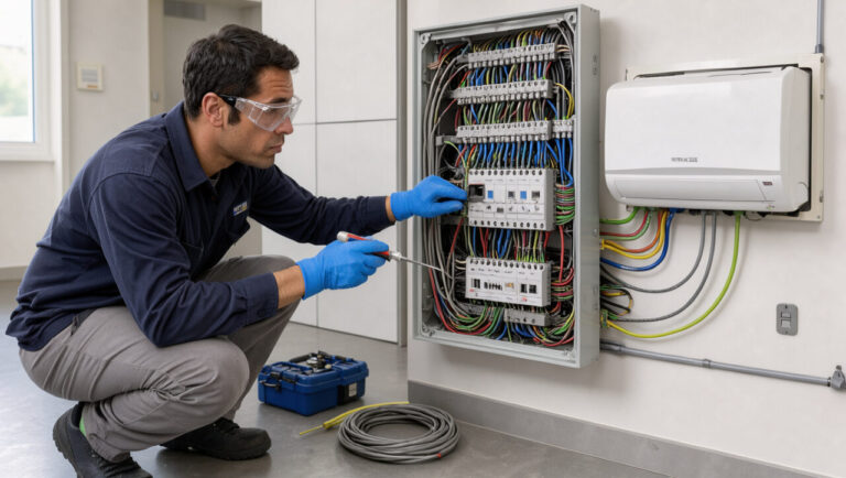 Un électricien vérifie le raccordement dédié, les protections et les points de contrôle d’une climatisation réversible dans un local technique.