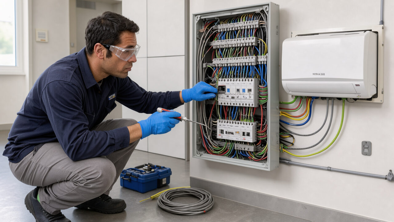 Un électricien vérifie le raccordement dédié, les protections et les points de contrôle d’une climatisation réversible dans un local technique.