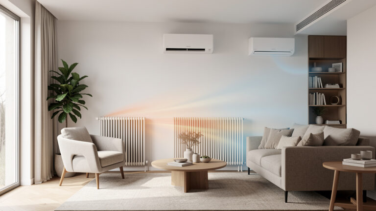 Salon moderne équipé d’un radiateur électrique et d’une climatisation réversible pour maintenir une température agréable toute l’année.