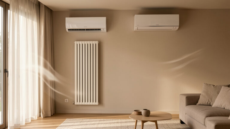 Salon moderne équipé d’un radiateur à inertie et d’une climatisation réversible, illustrant le choix d’un complément de chauffage.