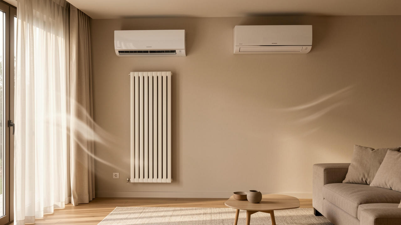 Salon moderne équipé d’un radiateur à inertie et d’une climatisation réversible, illustrant le choix d’un complément de chauffage.