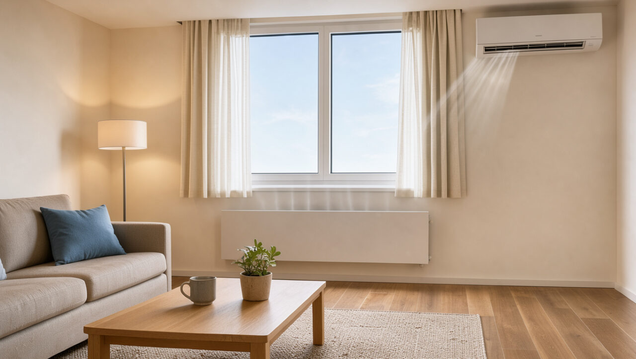 Salon moderne montrant un radiateur à inertie et une climatisation réversible pour assurer le confort thermique toute l’année.