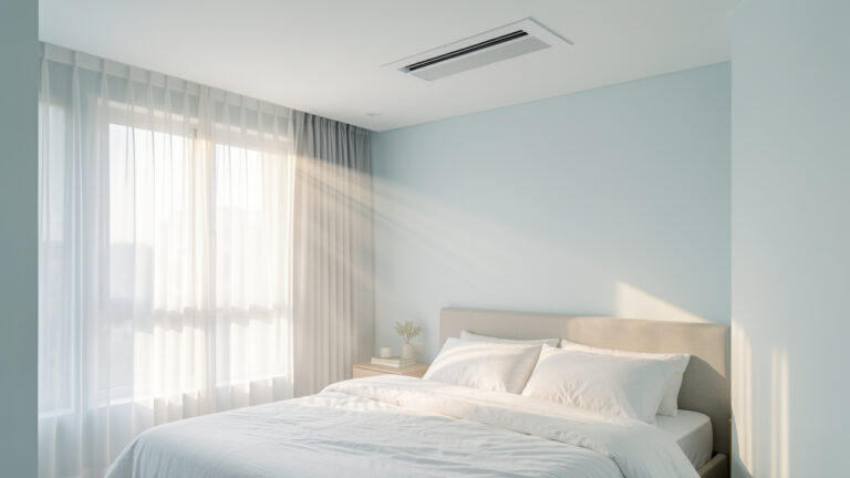 Chambre moderne équipée d’une climatisation gainable silencieuse avec une bouche de soufflage intégrée au plafond.