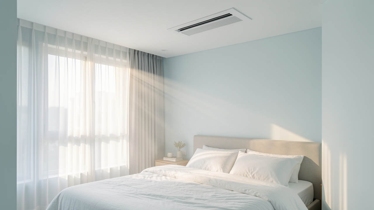 Chambre moderne équipée d’une climatisation gainable silencieuse avec une bouche de soufflage intégrée au plafond.