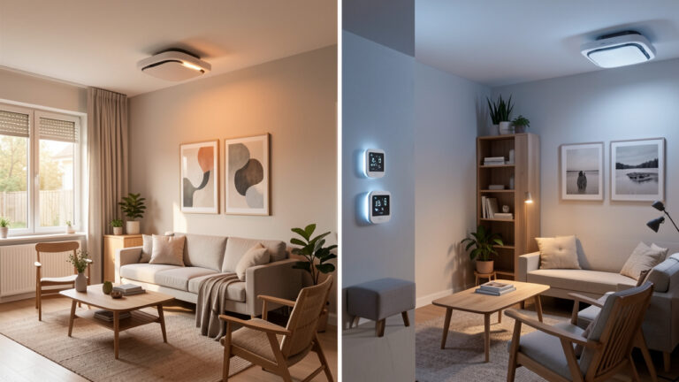 Intérieur moderne et écoénergétique avec une pompe à chaleur assurant un confort équilibré dans plusieurs pièces et des dispositifs de régulation connectés.