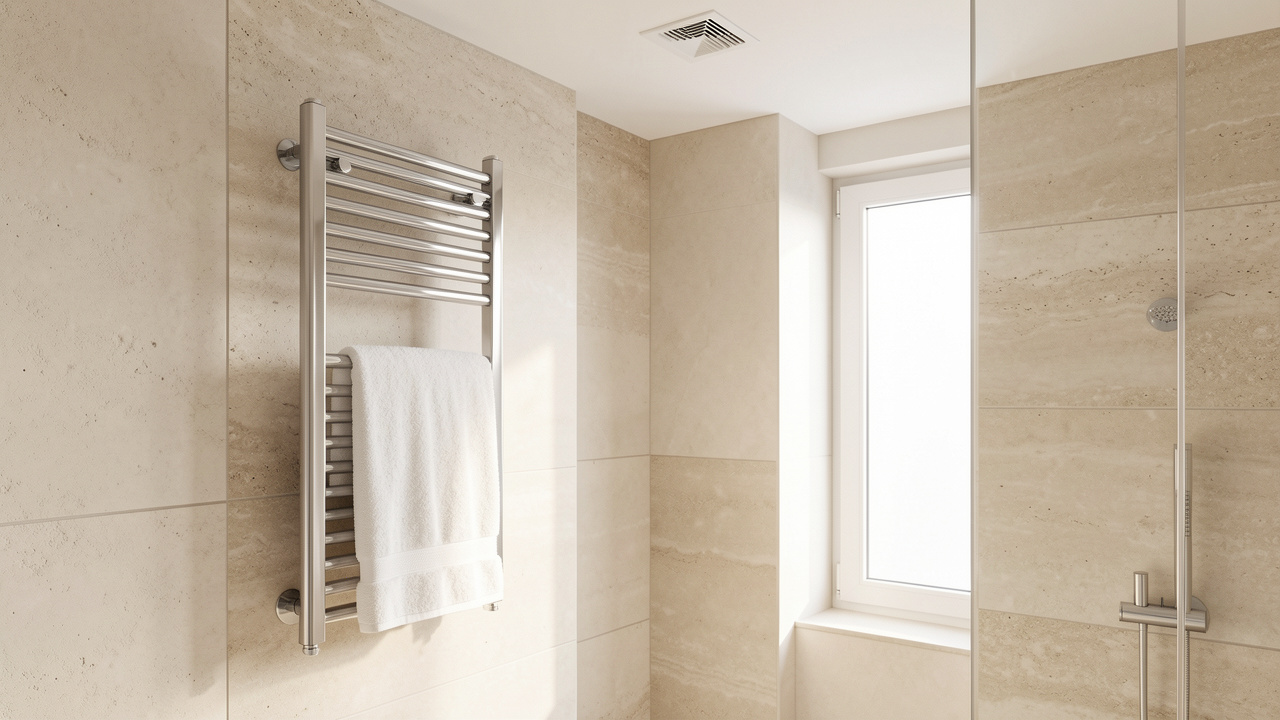 Salle de bains contemporaine avec un sèche-serviette mural chauffant des serviettes blanches et des bouches de climatisation gainable au plafond.