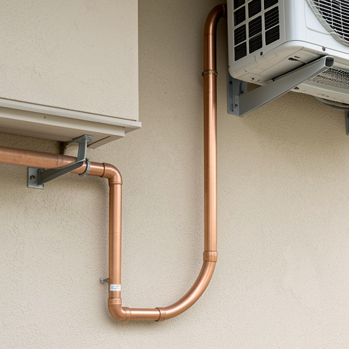 Deux tuyaux frigorifiques en cuivre de diamètres différents, isolés et raccordés pour l’installation d’un système de climatisation.