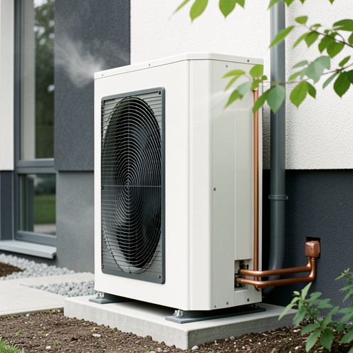 Unité extérieure moderne de climatisation réversible installée près d’une maison contemporaine, avec grille de ventilation et conduites apparentes.